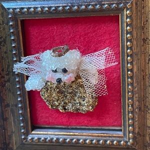 Handmade Angel Bear Brooch w/Gold Accents, Wings Artist Signed Xmas Pin in Frame